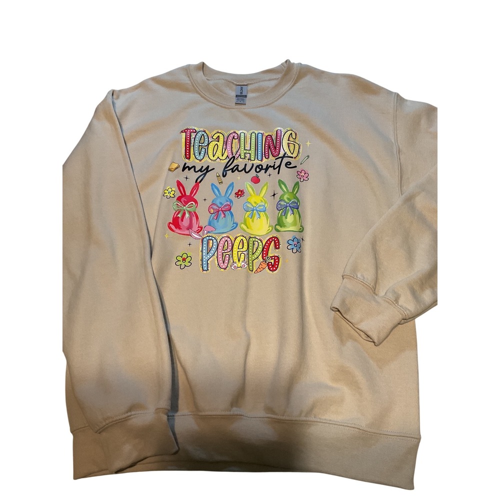 Gildan Beige "Teaching My Favorite Peeps" Easter Teacher Sweatshirt Medium